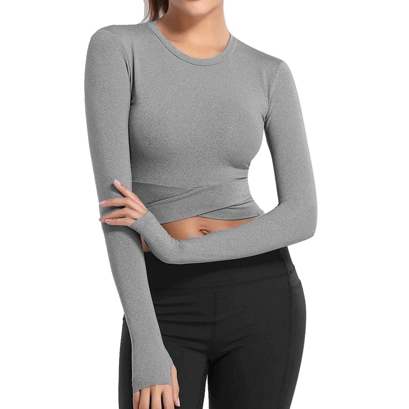 Gray long sleeve fitness crop top for women with cross waist design, ideal for yoga workouts.